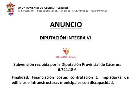 Imagen SUBVNECIÓN RECIBIDA PLAN INTEGRA VI- DIPUTACIÓN DE CÁCERES