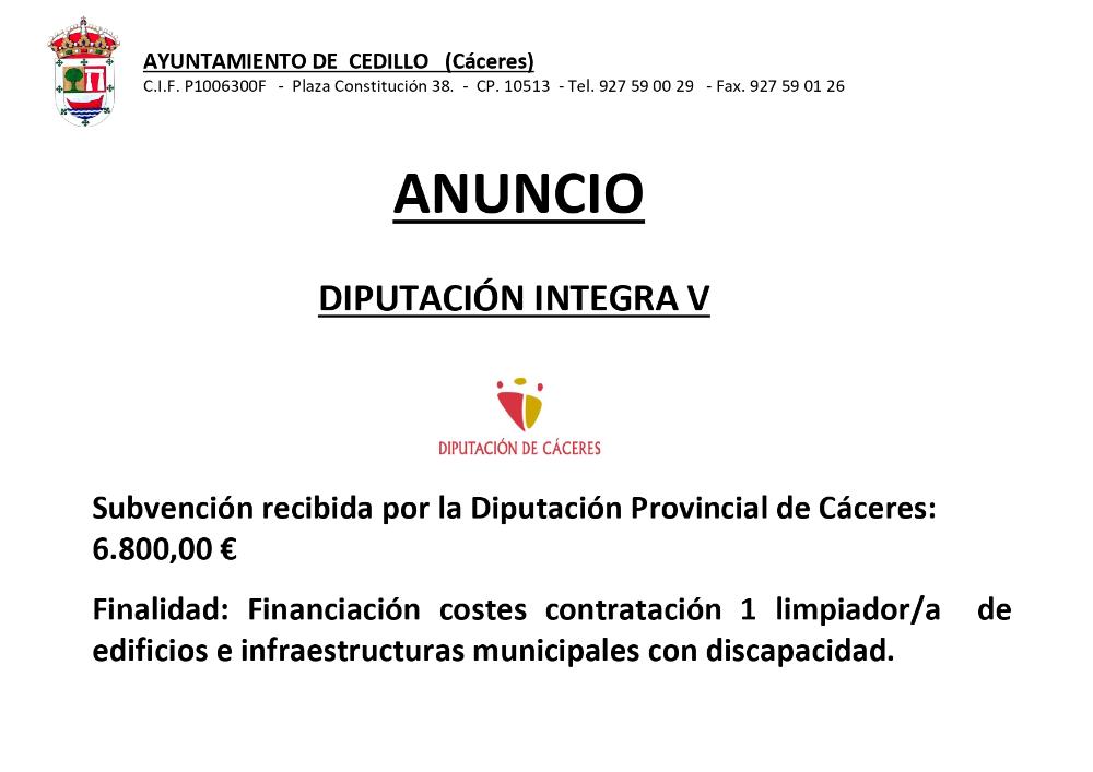 Imagen SUBVENCIÓN RECIBIDA PLAN INTEGRA V- DIPUTACIÓN DE CÁCERES