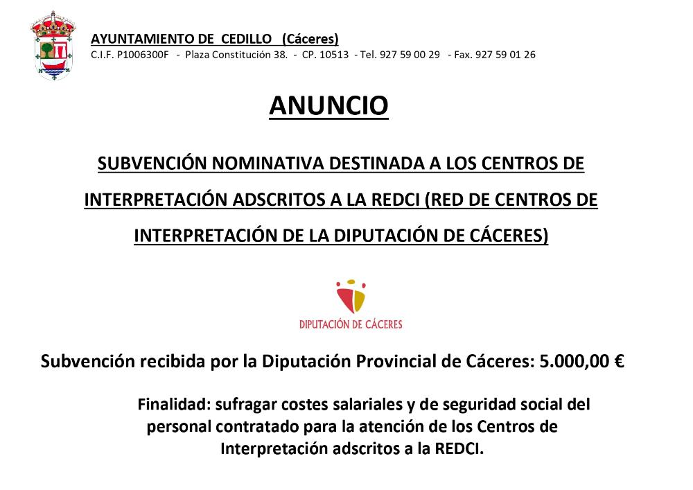 Imagen SUBVENCIÓN RECIBIDA CENTROS DE INTERPRETACIÓN ADCRITOS A LA REDCI -DIPUTACIÓN DE CÁCERES