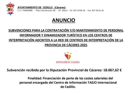 Imagen Subvención recibida para la Contratación de Personal en Centros de Interpretación adscritos a la Red de Centros de Interpretación de la Provincia de Cáceres. 2025