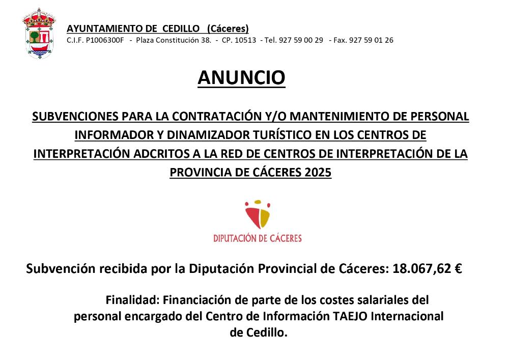 Imagen Subvención recibida para la Contratación de Personal en Centros de Interpretación adscritos a la Red de Centros de Interpretación de la Provincia de Cáceres. 2025