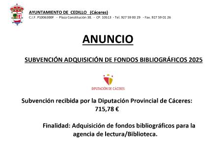 Imagen SUBVENCIÓN ADQUISICIÓN DE FONDOS BIBLIOGRÁFICOS 2025-DIPUTACIÓN DE CÁCERES