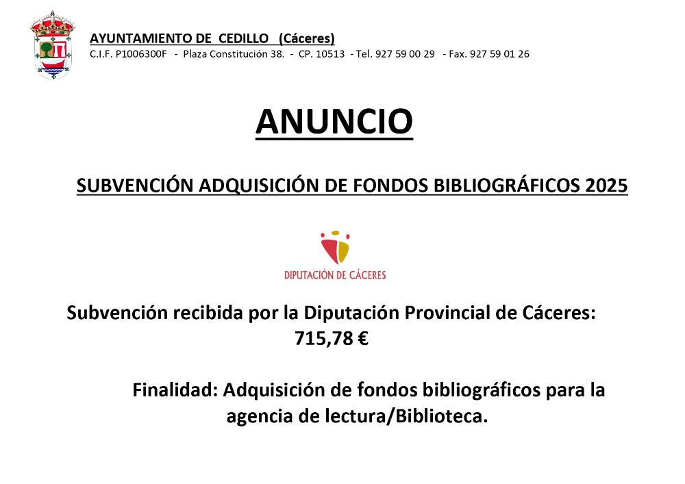 Imagen SUBVENCIÓN ADQUISICIÓN DE FONDOS BIBLIOGRÁFICOS 2025-DIPUTACIÓN DE CÁCERES