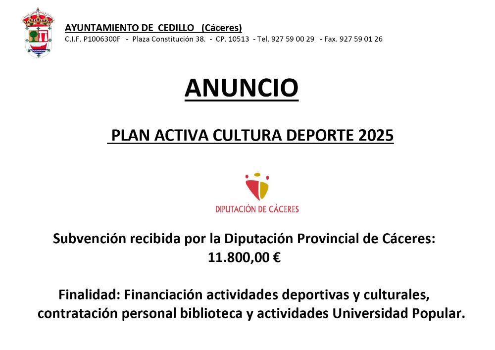 Imagen SUBVENCIÓN RECIBIDA PLAN ACTIVA CULTURA DEPORTE 2025