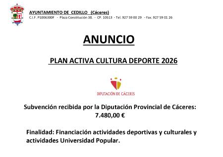 Imagen SUBVENCIÓN RECIBIDA PLAN ACTIVA CULTURA DEPORTE 2026