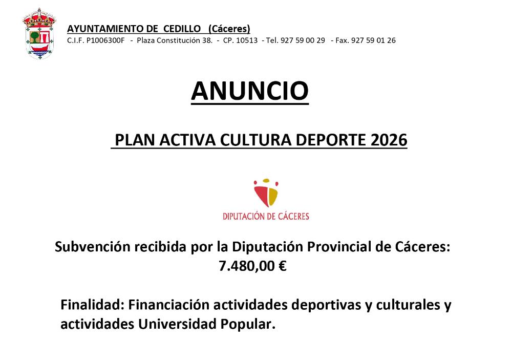 Imagen SUBVENCIÓN RECIBIDA PLAN ACTIVA CULTURA DEPORTE 2026