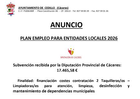 Imagen SUBVENCIÓN RECIBIDA PLAN EMPLEO PARA ENTIDADES LOCALES 2026