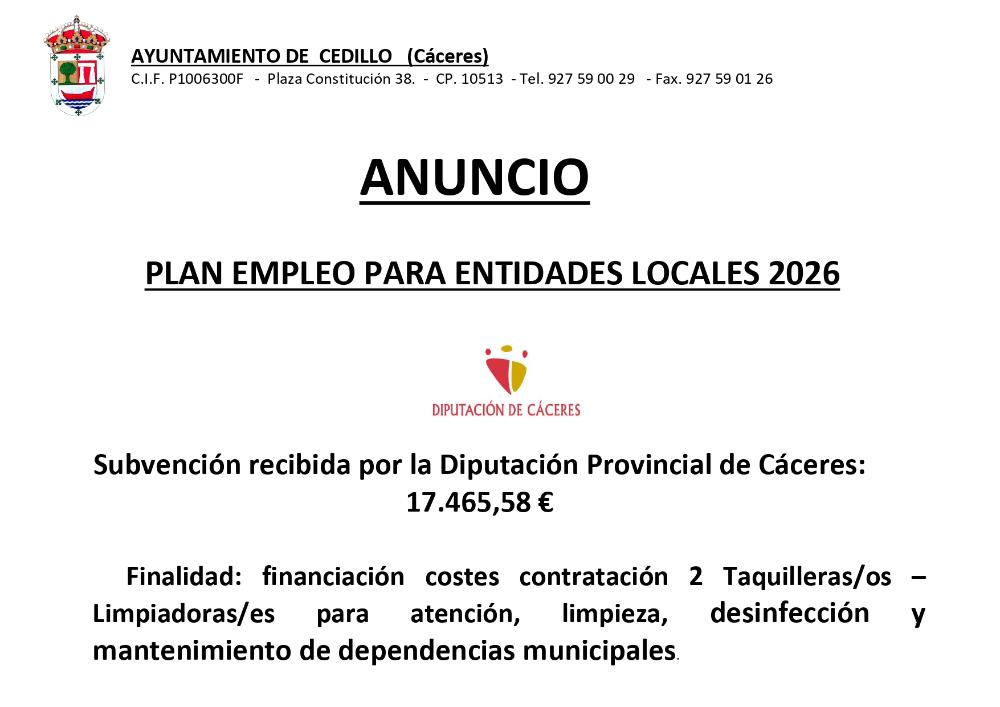 Imagen SUBVENCIÓN RECIBIDA PLAN EMPLEO PARA ENTIDADES LOCALES 2026