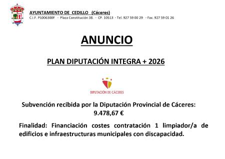Imagen SUBVENCIÓN RECIBIDA PLAN DIPUTACIÓN INTEGRA + 2026