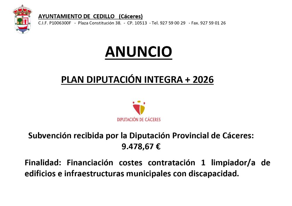 Imagen SUBVENCIÓN RECIBIDA PLAN DIPUTACIÓN INTEGRA + 2026