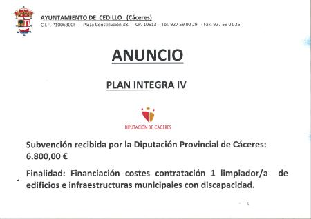 Imagen SUBVENCIÓN RECIBIDA PLAN INTEGRA IV- DIPUTACIÓN DE CÁCERES