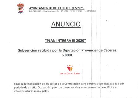 Imagen SUBVENCIÓN PLAN INTEGRA III 2020